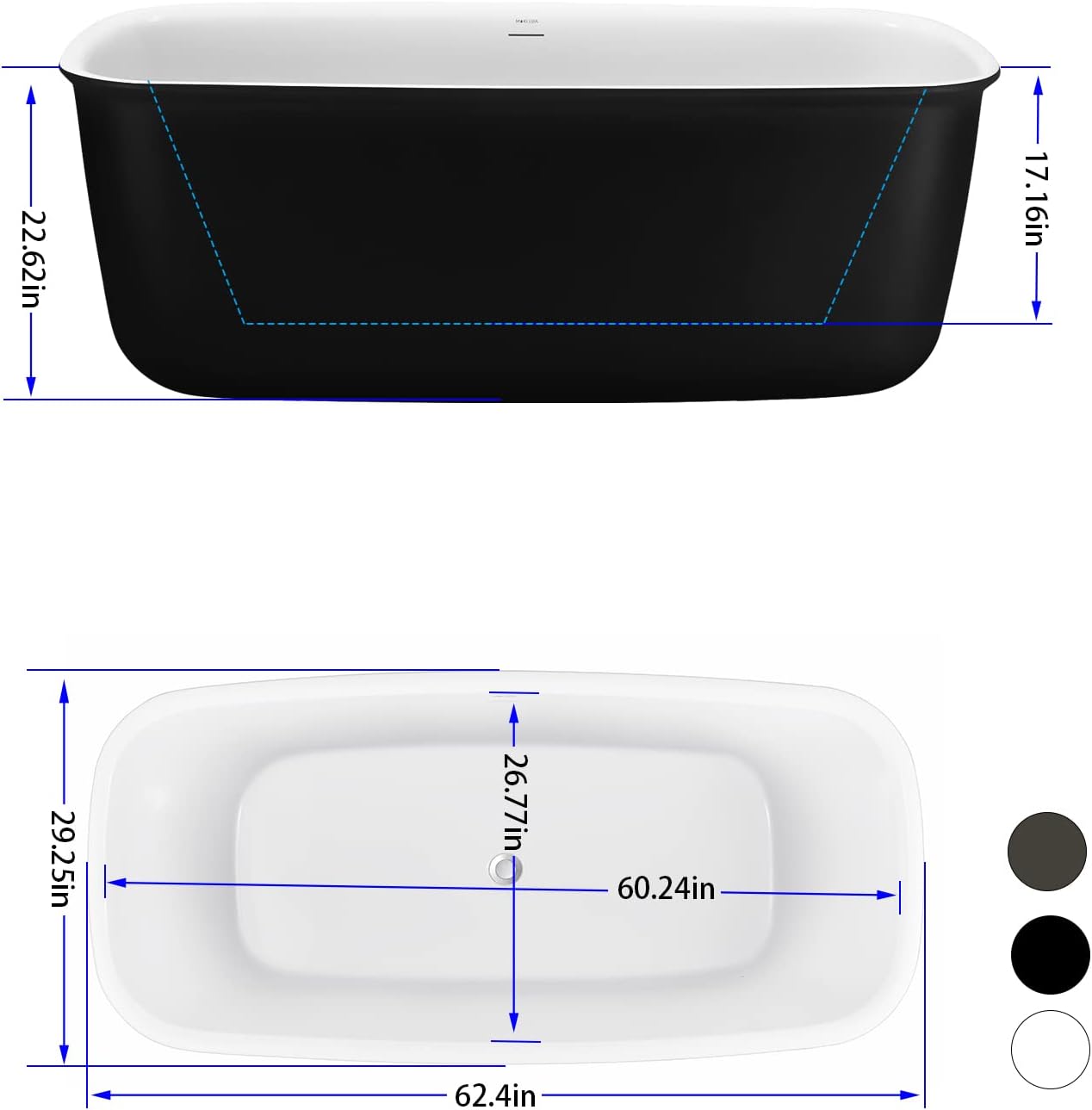 63' Lucite Acrylic Freestanding Bathtub, Rectangular Shape Contemporary Soaking Tub with Toe-tap Chrome Center Drain, Slotted Overflow, cUPC Certified, Matte Black