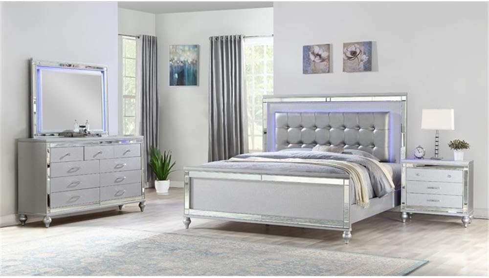 Sterling Queen 4 PC LED Bedroom Set Made with Wood in Silver Color