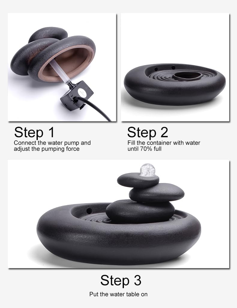 Modern Stone Stack Water Fountain with LED Light - Small Indoor Zen Fountain for Relaxation and Meditation