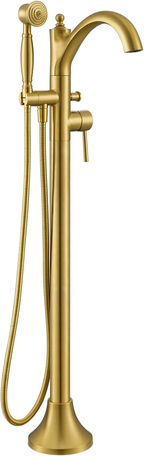 Free Standing Tub Faucet, Brushed Gold Classic Freestanding Bathtub Faucet with Vintage Hand Shower Brass High Flow Rate Floor Mount Tub Filler Swivel Spout Roman Tub Faucet Set (WT-9002BG)