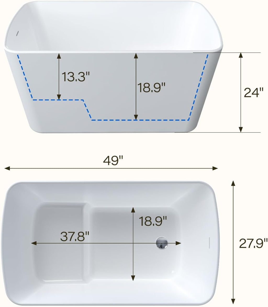 49 Inch Freestanding Bathtub Acrylic Compact Soaking Tub with Chrome Drain & Overflow, Space-Saving Sit-In Design for Small Bathrooms, Modern Glossy White