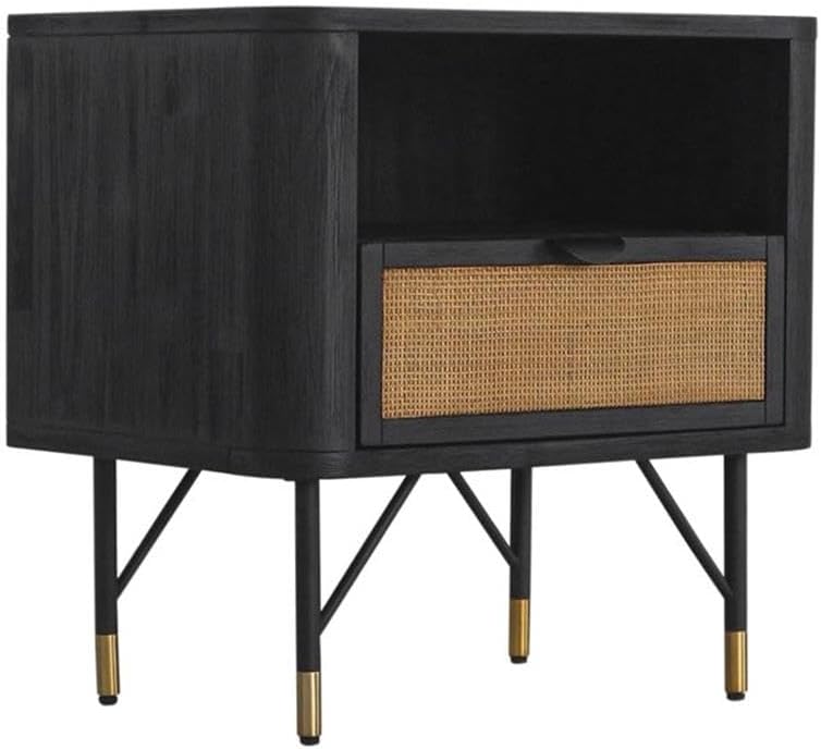 Armen Living Saratoga 3 Piece Queen Bedroom Set in Black Acacia Wood and Rattan