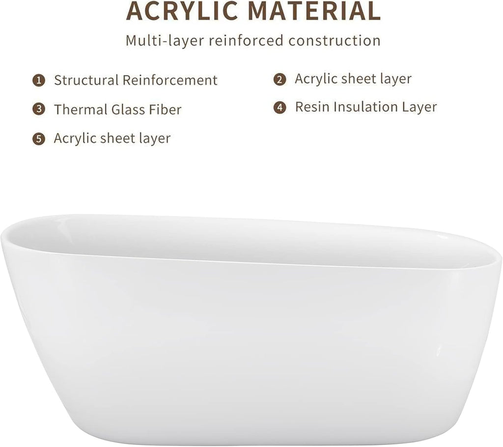 59' Acrylic Freestanding Bathtub, Single Slipper Free Standing Tub, Soaking Tub with Integrated Slotted Overflow, Toe-Tap Chrome Drain, cUPC Certified, Glossy White