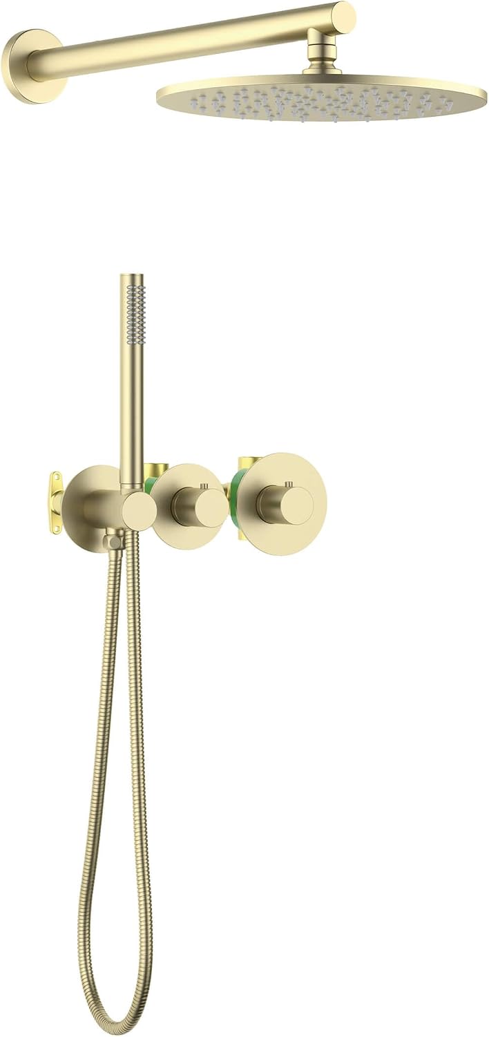 KIBI Circular Thermostatic Shower System with Valve, 2-Function Wall Mounted Bathroom Shower Faucet Set – Solid Brass Shower System with Temperature Control, Brushed Gold (KSF410)