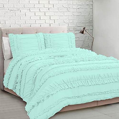 5 Piece Full Ruffles Layers Duvet Cover Set with Zipper Closure, 100% Egyptian Cotton, 1000 Thread Cotton - Full/Queen Size - Aqua Blue Solid