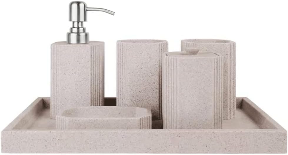 Bathroom Accessory Set Complete,Vertical Stripe Design Bathroom Set Gray,Lotion Dispenser,Soap Dish,Storage Jar,Tumbler,Tray Set(Pink 6 Pack)