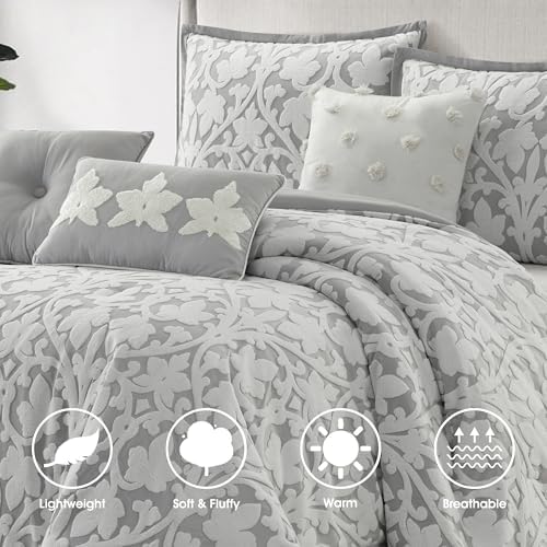 LANCO MODERN LIFESTYLE 7 Pieces Comforter Set, King, White Grey, Jacquard Floral Pattern and Classy Damask Medallion Design, Ultra Soft, Includes Bed Skirt, Shams, and Decorative Pillows