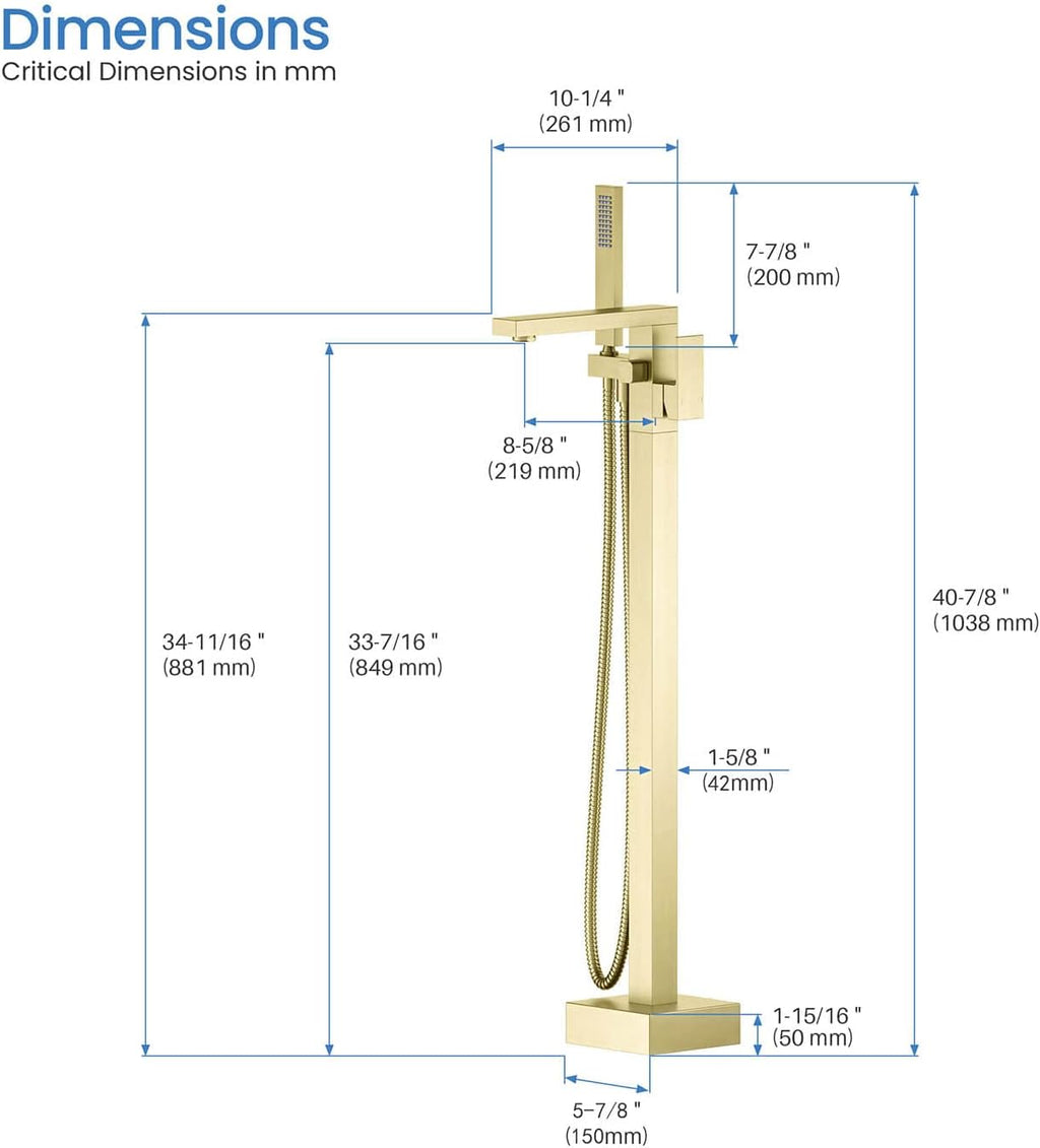 KIBI Freestanding Bathtub Faucet with Hand Shower, Floor Mounted Tub Filler – Single Handle Solid Brass Bathroom Faucet with Ceramic Cartridge & Stainless Steel Hose, Brushed Gold (KTF302BG)