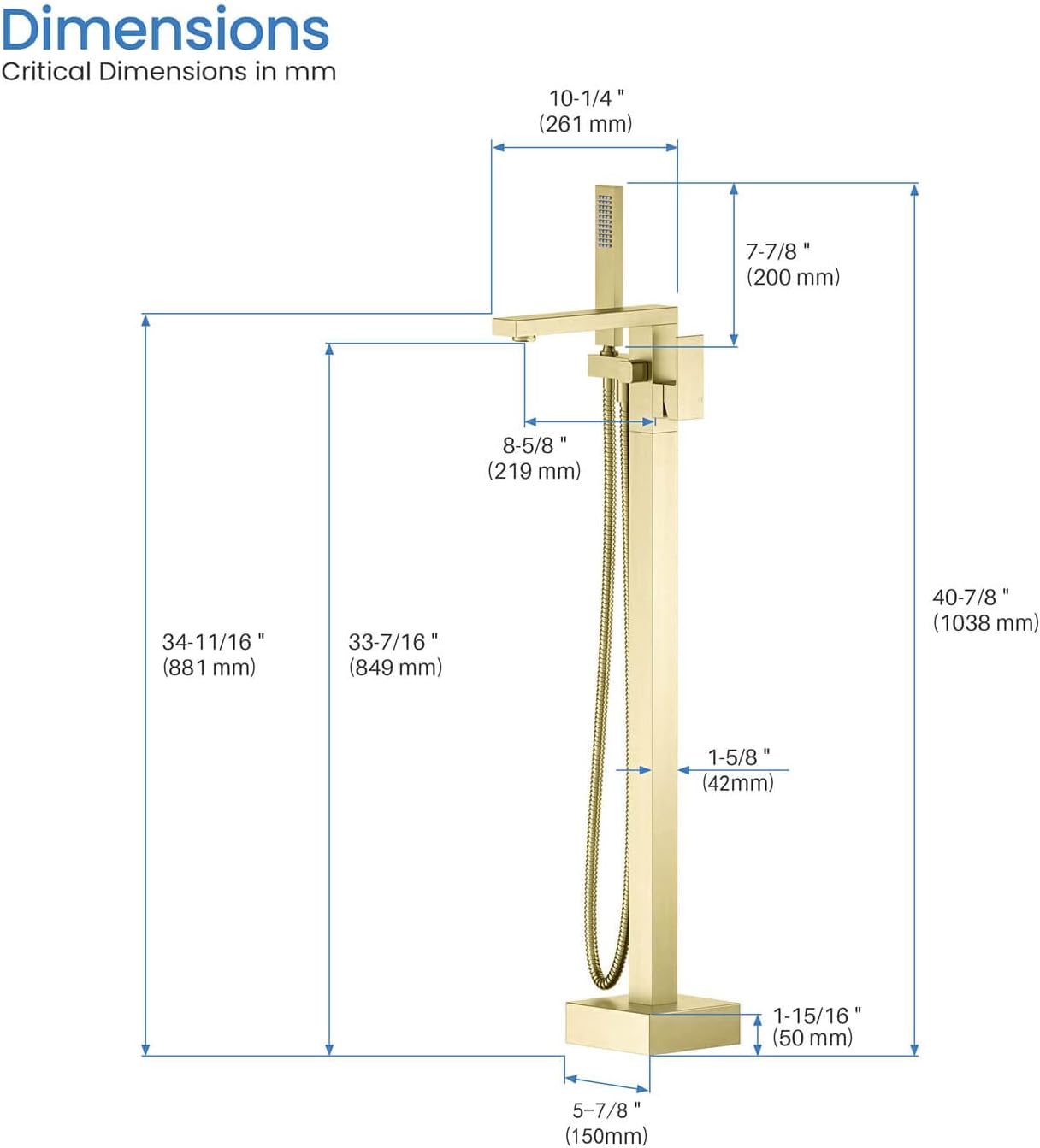 KIBI Freestanding Bathtub Faucet with Hand Shower, Floor Mounted Tub Filler – Single Handle Solid Brass Bathroom Faucet with Ceramic Cartridge & Stainless Steel Hose, Brushed Gold (KTF302BG)