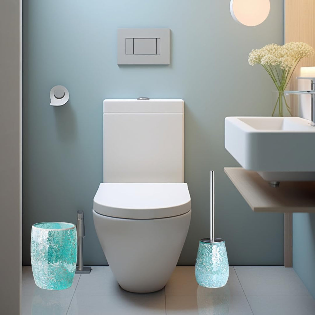Modern Green Bathroom Accessories Sets 6 Pcs | Luxurious Toilet Brush, Small Trash Can, Glass Soap Dispenser, Toothbrush Holder, Cotton Glass Jar, Vanity Tray | Turquoise Bathroom Decor Mosaic Glass