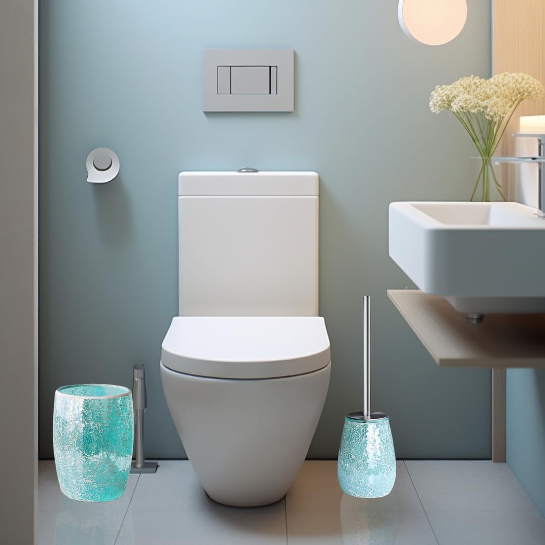 Modern Green Bathroom Accessories Sets 6 Pcs | Luxurious Toilet Brush, Small Trash Can, Glass Soap Dispenser, Toothbrush Holder, Cotton Glass Jar, Vanity Tray | Turquoise Bathroom Decor Mosaic Glass