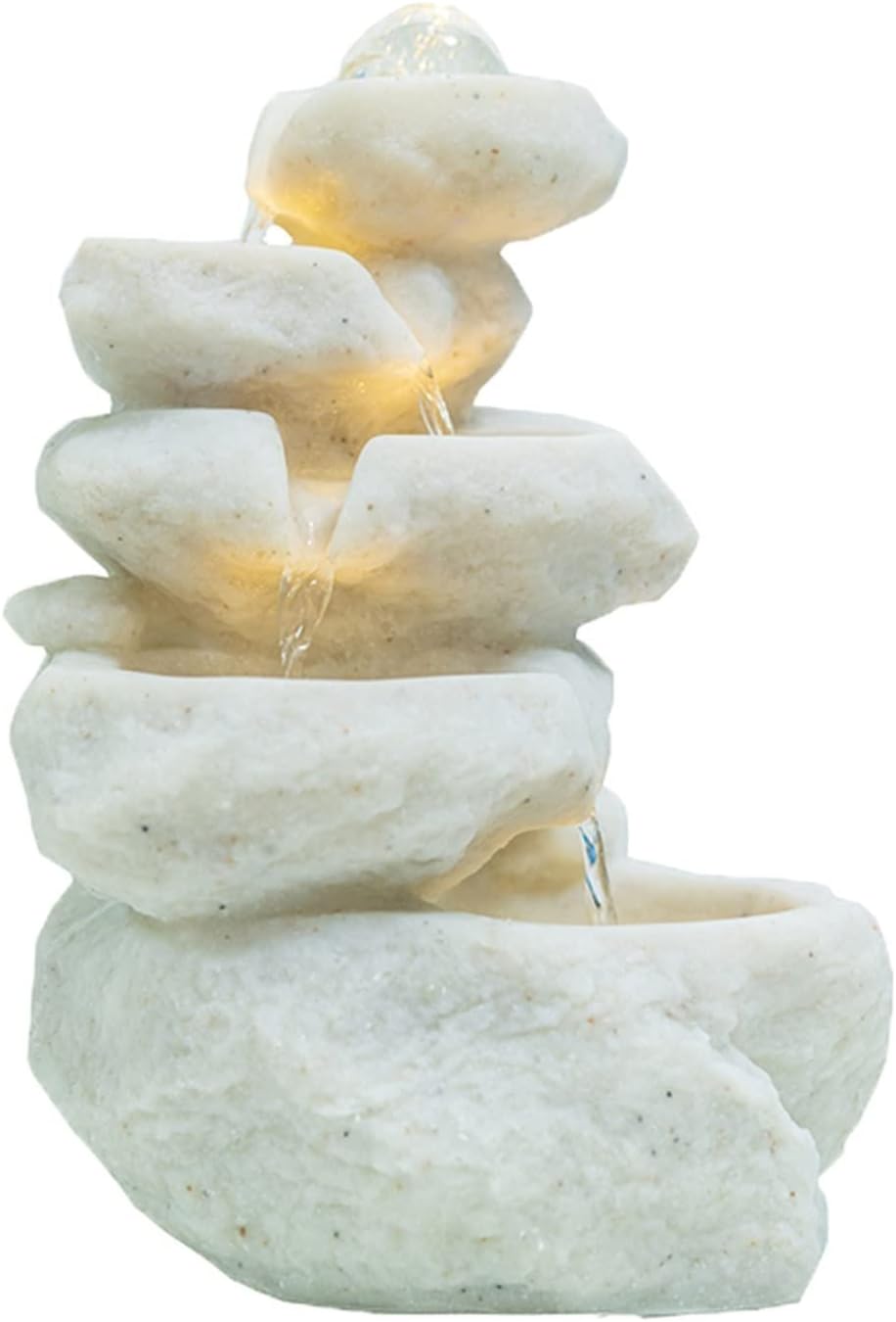 Desktop Fountain Indoor Tabletop Fountain with LED Lights, Decorative Layered Rocks and Waterfall Design, Calm and Soothing Water Sounds Water Fountain Outdoor (White)
