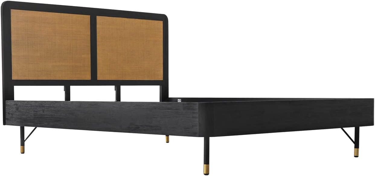 Armen Living Saratoga 4 Piece Queen Bedroom Set in Black Acacia Wood and Rattan