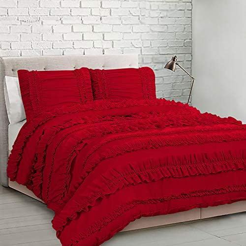 5 Piece Full Ruffles Layers Duvet Cover Set with Zipper Closure, 100% Egyptian Cotton, 1000 Thread Cotton - Full/Queen Size - Blood Red Solid