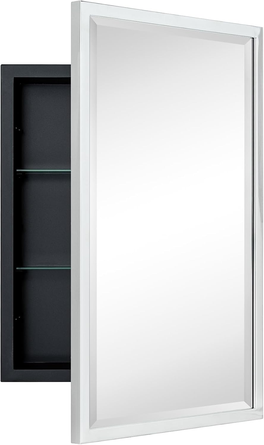 TEHOME Chrome Recessed Bathroom Medicine Cabinet with Mirror Squared Cornered Rectangle Metal Framed Medicine Cabinet with Beveled Mirror 16x24''