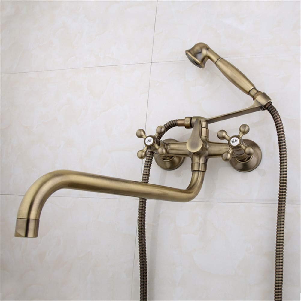 Wall Mounted Bathtub Faucet Antique Brass Shower Set Head and Hand Shower Bathroom Double Handle Dual Hole Shower Faucet with 36cm Nose
