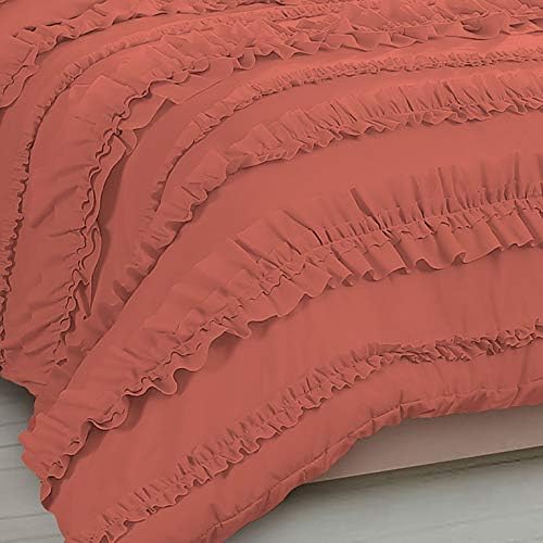 5 Piece Full Ruffles Layers Duvet Cover Set with Zipper Closure, 100% Egyptian Cotton, 1000 Thread Cotton - Full/Queen Size - Brick Red Solid