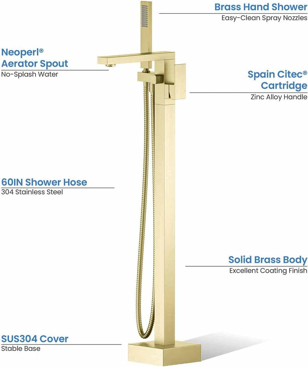 KIBI Freestanding Bathtub Faucet with Hand Shower, Floor Mounted Tub Filler – Single Handle Solid Brass Bathroom Faucet with Ceramic Cartridge & Stainless Steel Hose, Brushed Gold (KTF302BG)