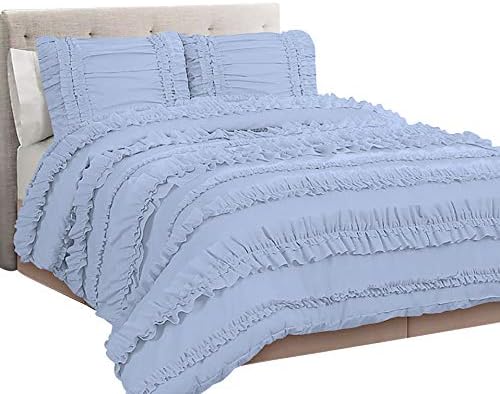 5 Piece Full Ruffles Layers Duvet Cover Set with Zipper Closure, 100% Egyptian Cotton, 1000 Thread Cotton - Full/Queen Size - Light Blue Solid