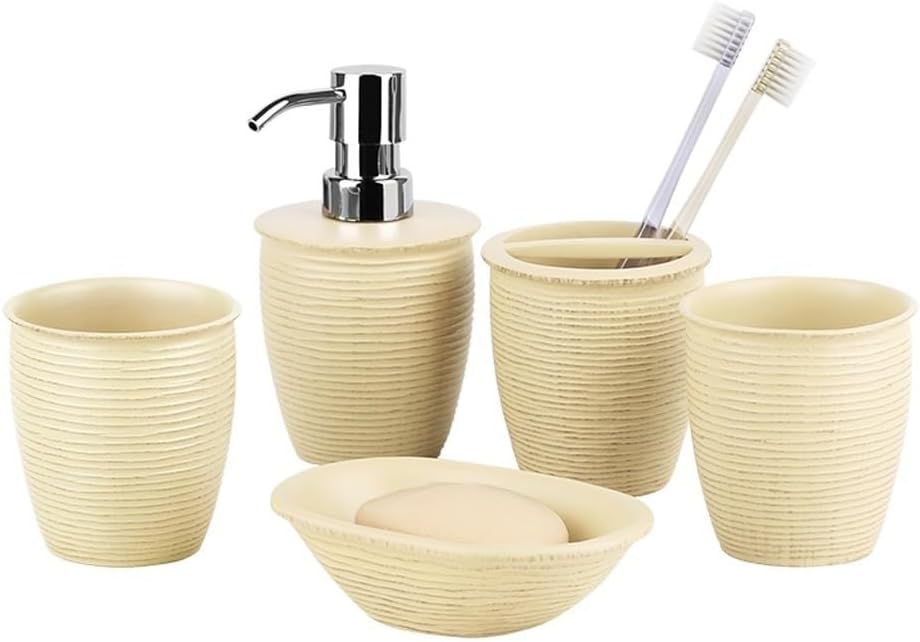 5-Piece Bathroom Accessory Set with Soap Dispenser, Toothbrush Holder, Tumbler & Soap Dish for Vanity Bath Set(Beige)