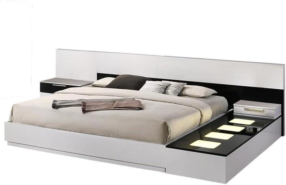 Pemberly Row 4-Piece California King Platform Bedroom Set, Poplar Wood & Engineered Wood, High Gloss White/Black Finish, Ultra-Wide Headboard, LED Lighting, Includes Bed, Nightstands, Light Box