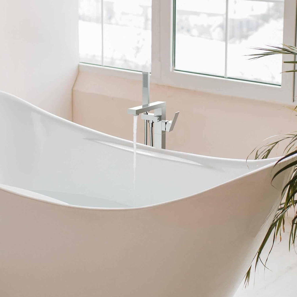 KIBI Freestanding Bathtub Faucet with Hand Shower, Floor Mounted Tub Filler – Single Handle Solid Brass Bathroom Faucet with Ceramic Cartridge & Stainless Steel Hose, Chrome Finish (KTF302CH)