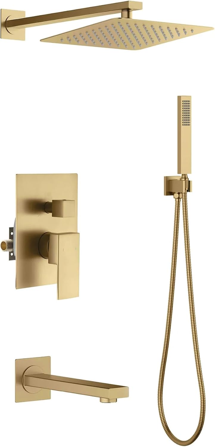 KIBI Cube 3-Function Brushed Brass Wall Mounted Bathroom Shower System | Solid Brass Pressure Balanced Valve Bath Faucet Set | 15-inch Shower Arm | Handheld Waterfall Shower Mode (KSF406)