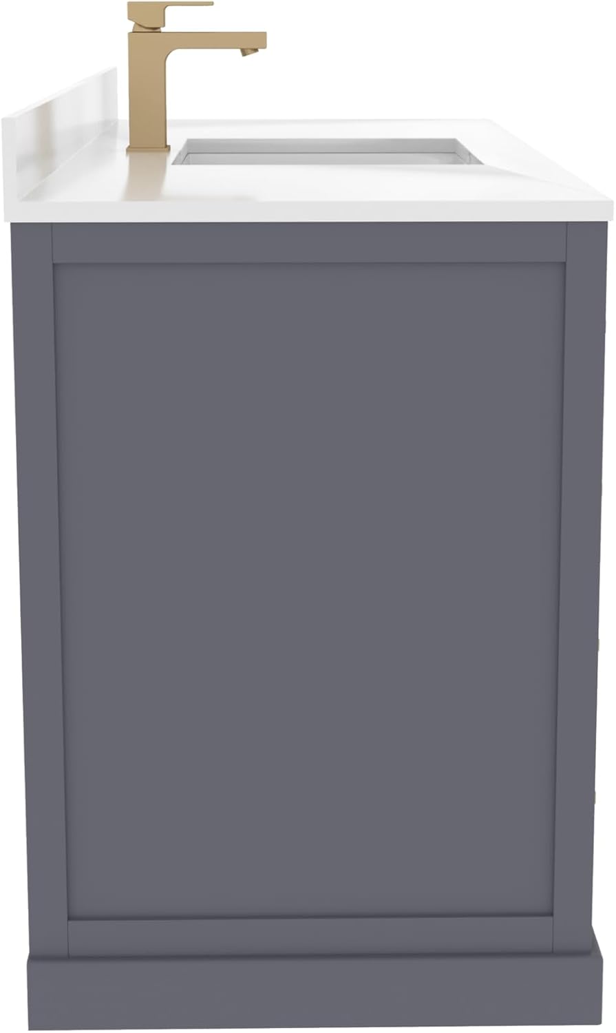 Ayna Decors Maya 48 Inch Single Vanity with Sink and Quartz Countertop in Charcoal Grey, Freestanding Bathroom Vanities with Soft Close Doors and Drawers - Brushed Gold Hardware