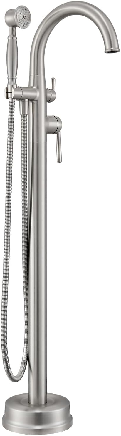 Brushed Nickel Freestanding Bathtub Faucet,Brass Floor Mount Tub Faucet High Flow Max 6.6GPM/60PSI with Hand Shower