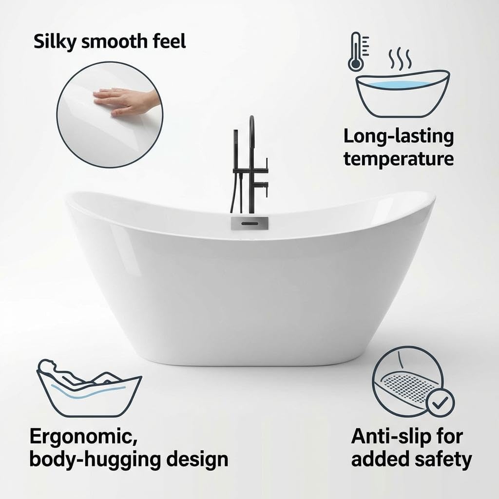 67'' Freestanding Bathtub, Acrylic, Deep Soaking Tub with Non-Slip Surface, Modern Free Standing Bath Tub, Chrome Drain, cUPC Certified, Easy Install, Space-Saving Bathtub for Bathrooms, White