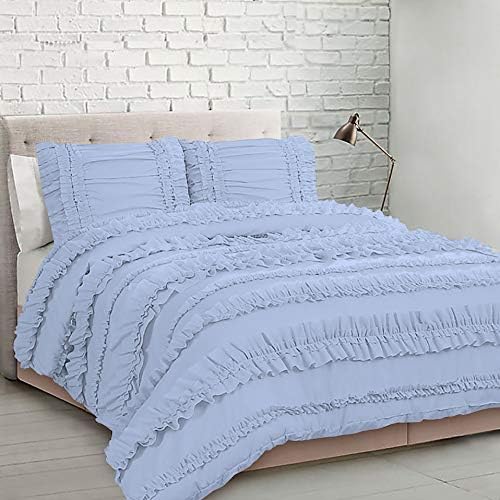 5 Piece Full Ruffles Layers Duvet Cover Set with Zipper Closure, 100% Egyptian Cotton, 1000 Thread Cotton - Full/Queen Size - Light Blue Solid