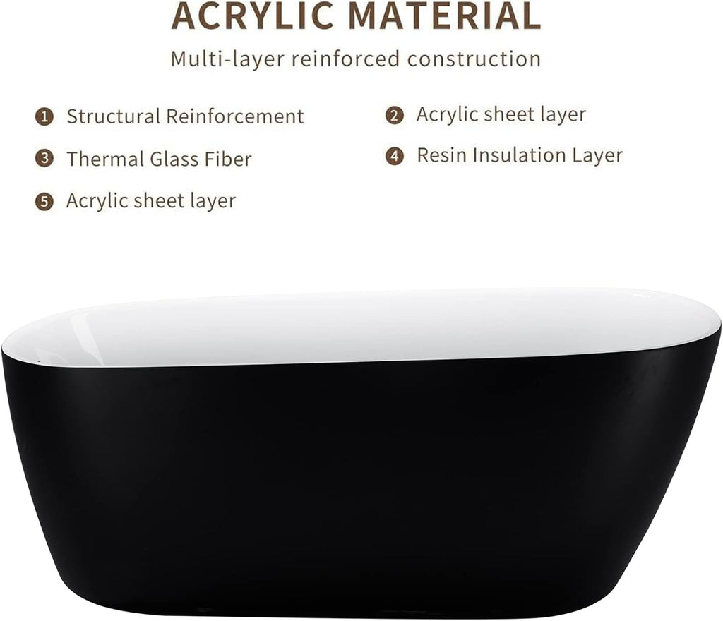 59' Acrylic Freestanding Bathtub, Single Slipper Free Standing Tub, Soaking Tub with Integrated Slotted Overflow, Toe-Tap Chrome Drain, cUPC Certified, Matte Black