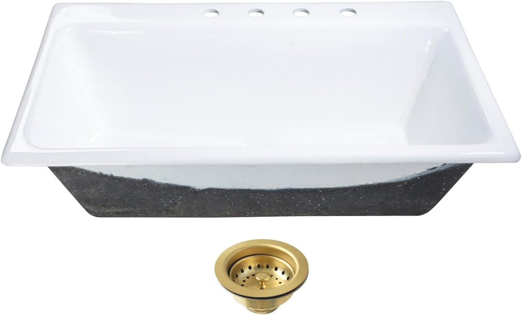 Kingston Brass Towne KGCKTS3622117 36' Cast Iron Self-Rimming Single Bowl Drop-In Kitchen Sink with 4-Hole Drain and Strainer, White/Brushed Brass