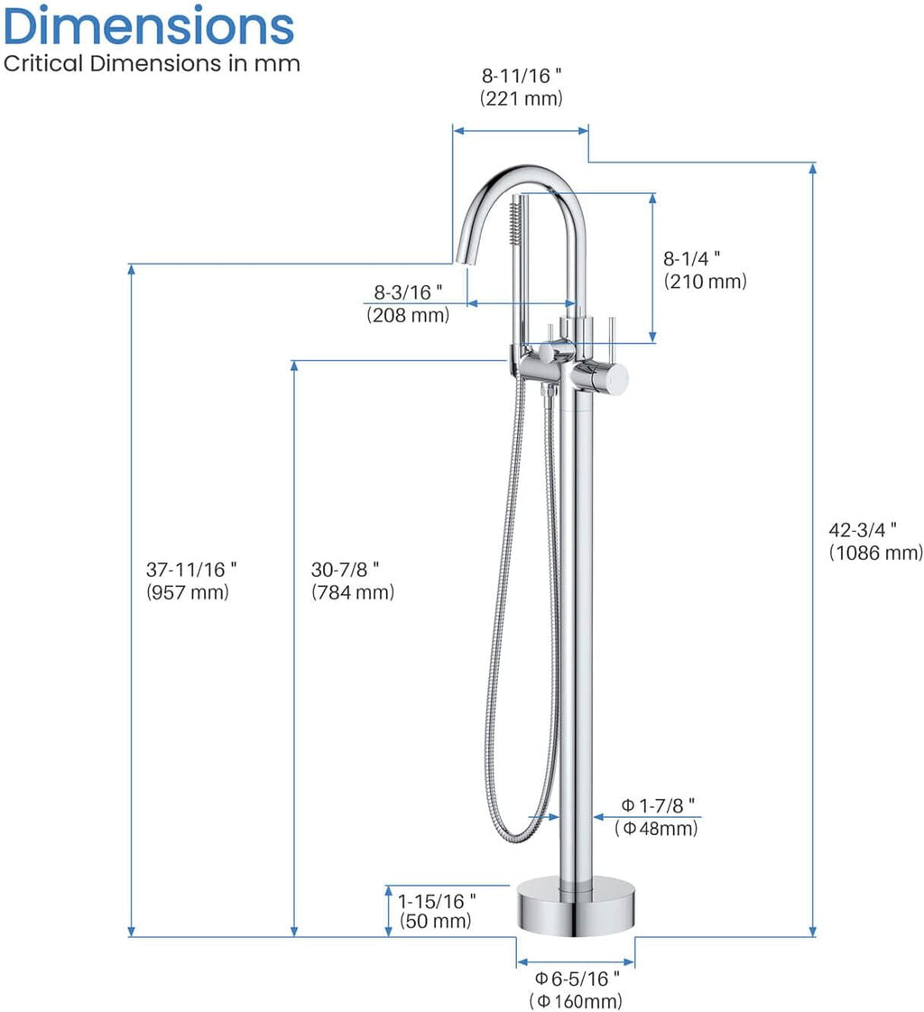KIBI Circular Floor Mount Bathtub Faucet with Hand Shower | Single Handle Freestanding Tub Filler | Modern Bath Faucet | Chrome Finish | Solid Brass | KTF301