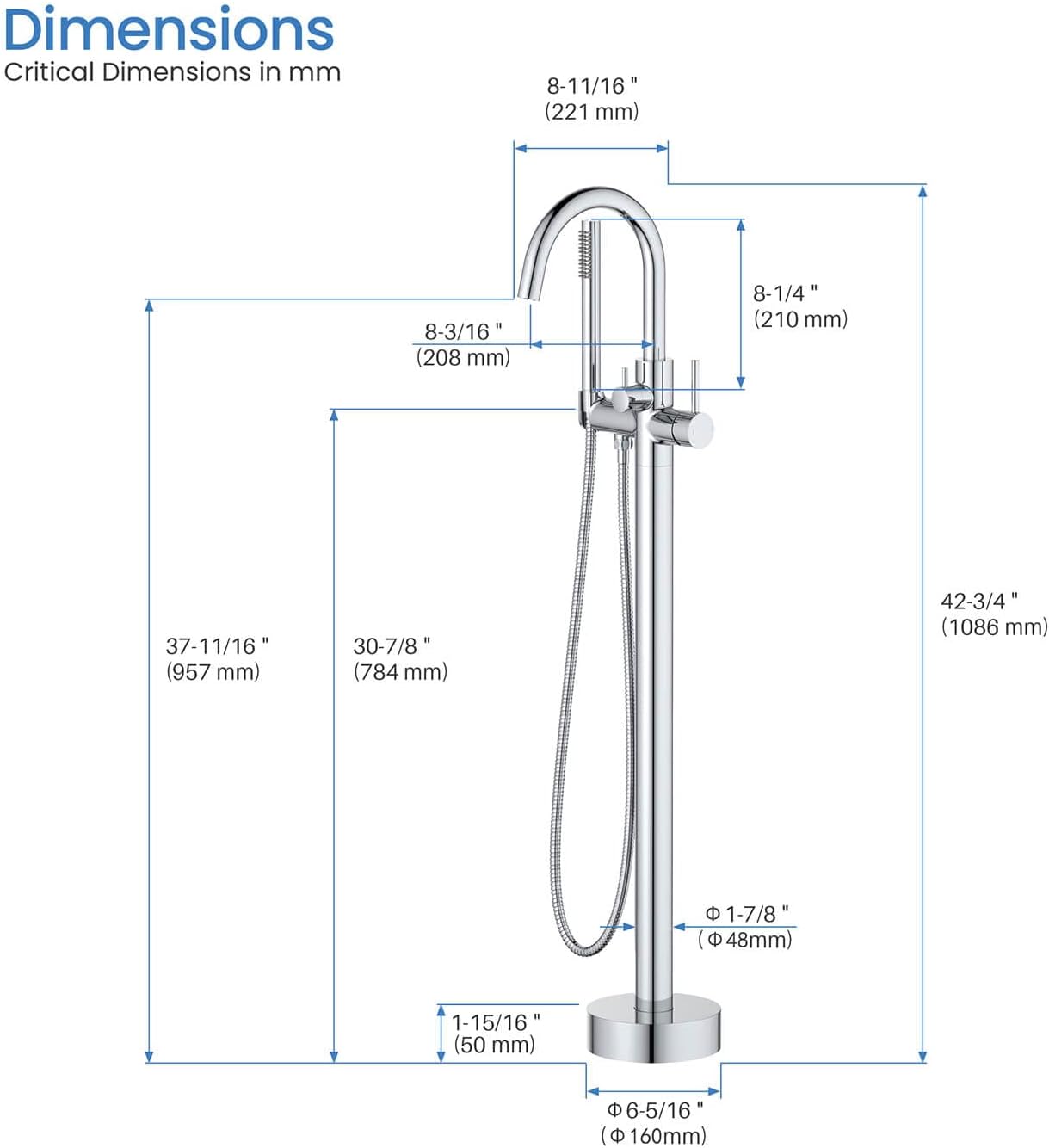 KIBI Circular Floor Mount Bathtub Faucet with Hand Shower | Single Handle Freestanding Tub Filler | Modern Bath Faucet | Chrome Finish | Solid Brass | KTF301