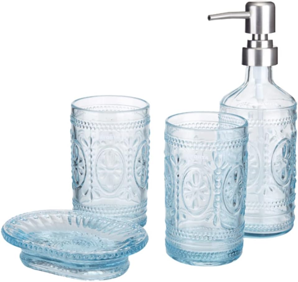 4 Pcs Blue Glass Bathroom Accessories Set,Soap Dispenser W/Vintage Embossed,Gift for Home Apartment Bathroom Decor,Baroque Style