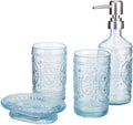 4 Pcs Blue Glass Bathroom Accessories Set,Soap Dispenser W/Vintage Embossed,Gift for Home Apartment Bathroom Decor,Baroque Style