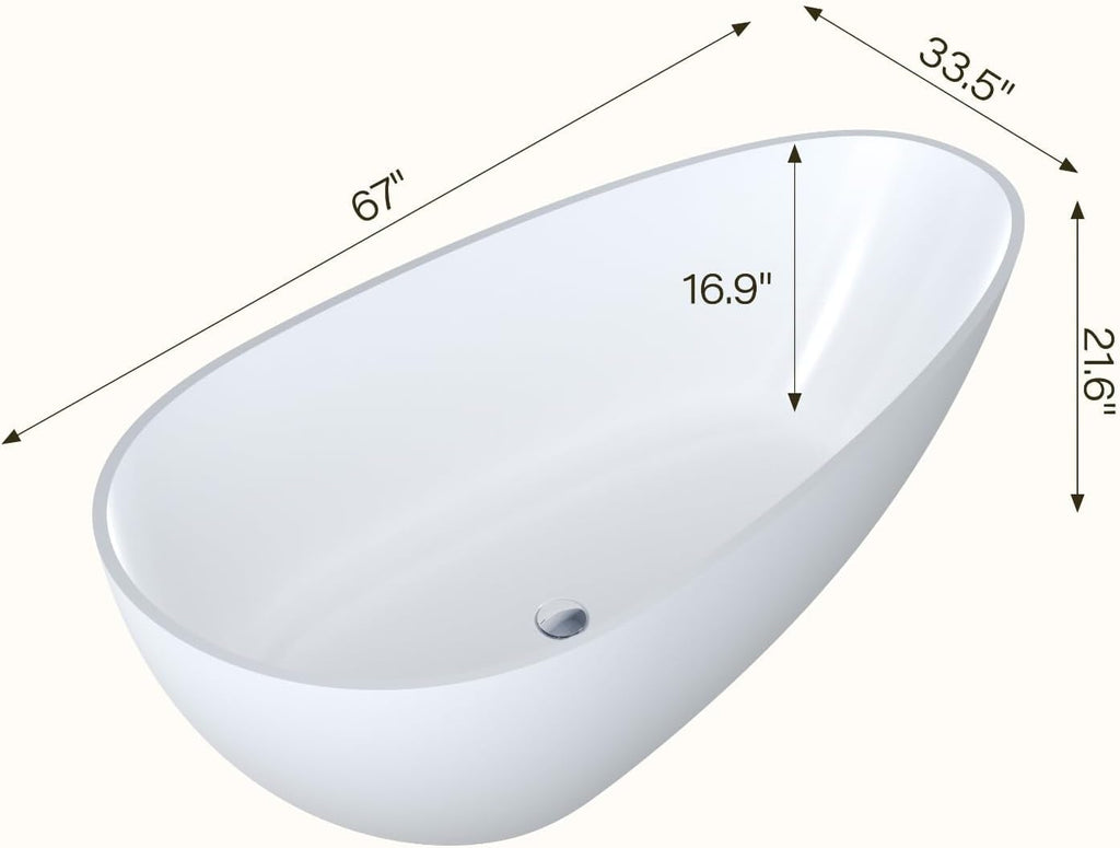 67 inch Freestanding Bathtub for Main Bathroom – Modern All-White Acrylic Free Standing Tub with Chrome Drain & Overflow, Deep Soaking Tub for Full-Body Comfort