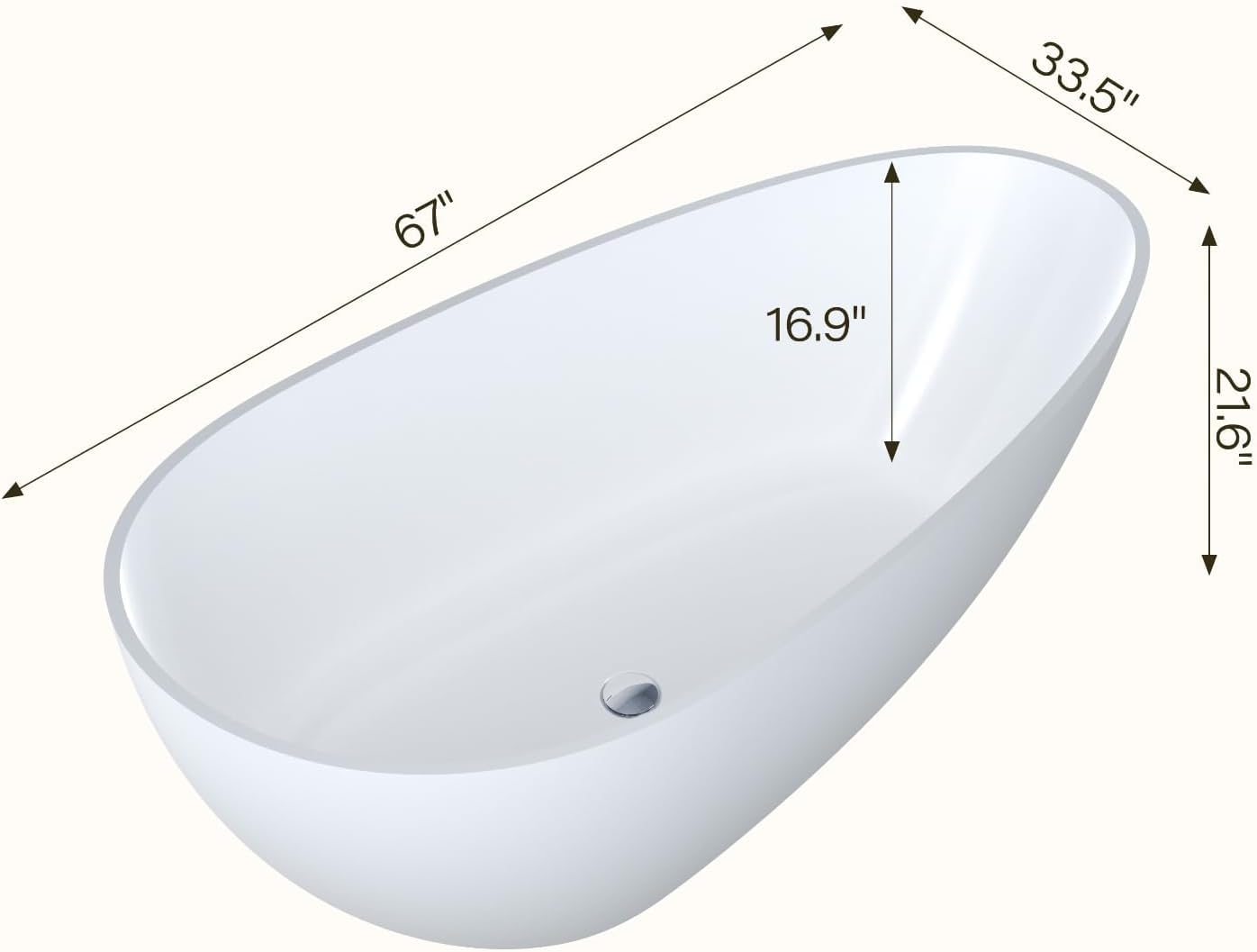 67 inch Freestanding Bathtub for Main Bathroom – Modern All-White Acrylic Free Standing Tub with Chrome Drain & Overflow, Deep Soaking Tub for Full-Body Comfort
