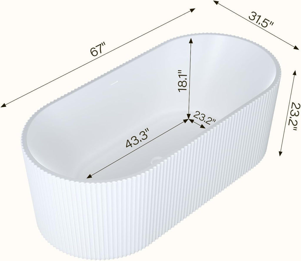 Acrylic Freestanding Bathtub, Deep Soaking Stripe Tub with Drain, Solid Surface Stand Alone Bath, Contemporary Indoor Bathroom Spa Tub for Adults, Large Foot Soak, White