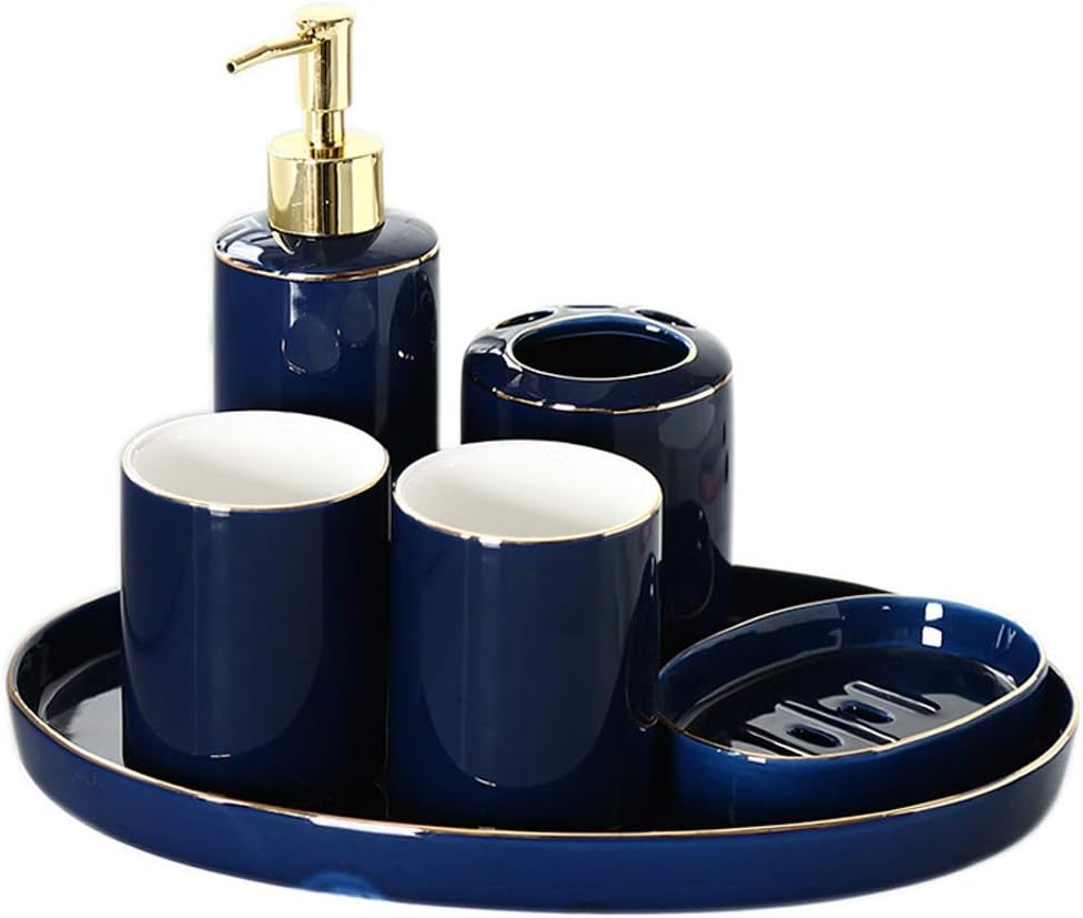 Kitchen Soap Dispenser Dark Blue Gold Edge Ceramic Bathroom Accessories Supplies Six-piece Set Containing Soap Dispenser Mouthwash Cup Toothbrush Holder Soap Box and Tray Countertop Soap Dispensers