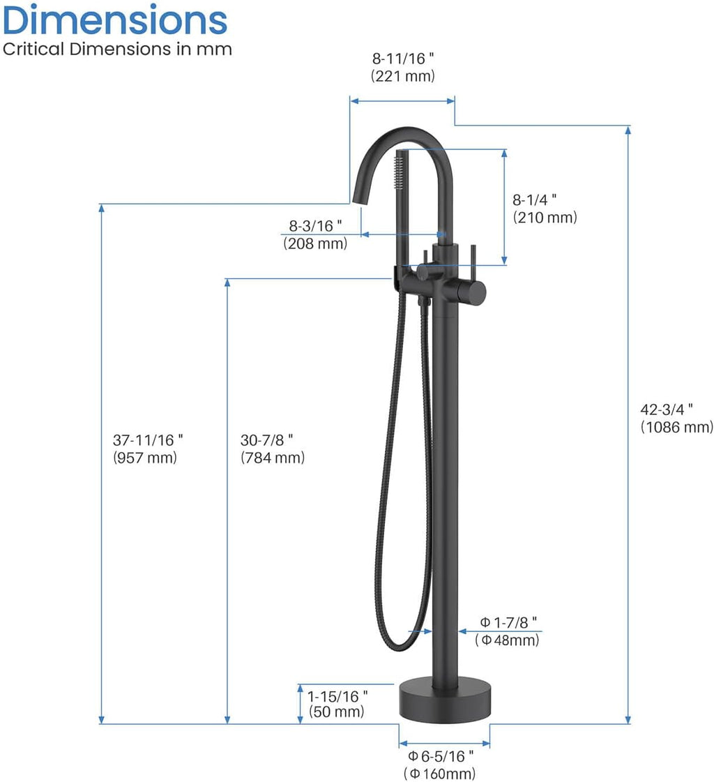 KIBI Circular Floor Mount Bathtub Faucet with Hand Shower Single Handle Freestanding Tub Filler Modern Bath Faucet Matte Black Finish Solid Brass KTF301