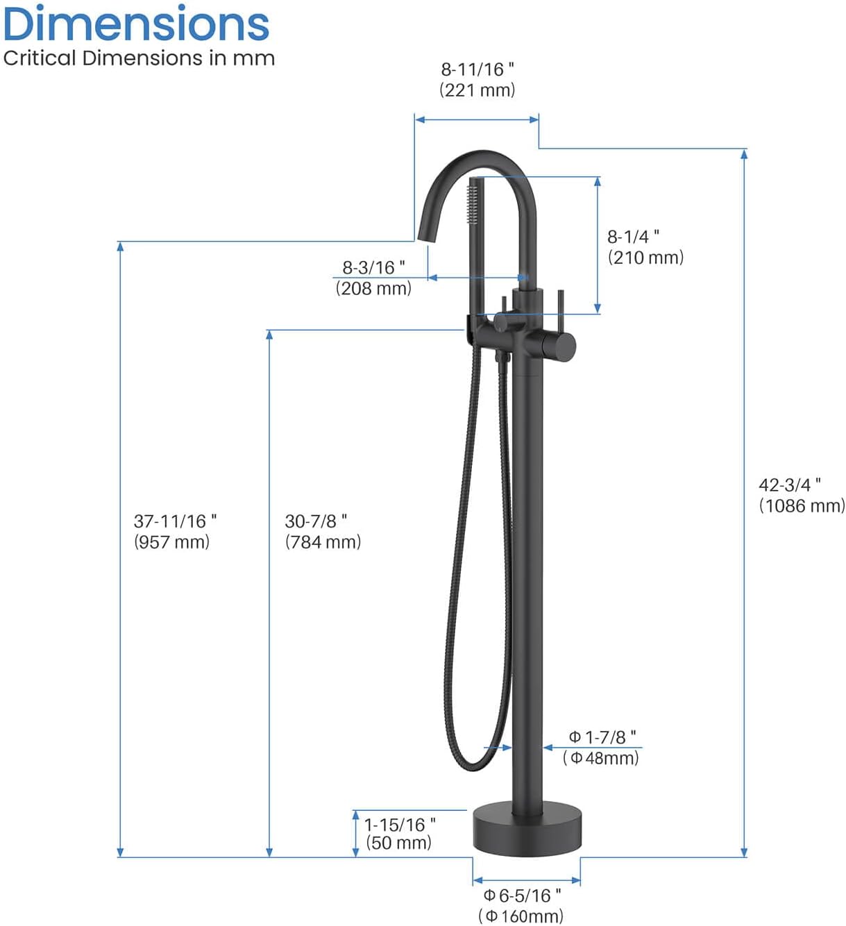 KIBI Circular Floor Mount Bathtub Faucet with Hand Shower Single Handle Freestanding Tub Filler Modern Bath Faucet Matte Black Finish Solid Brass KTF301