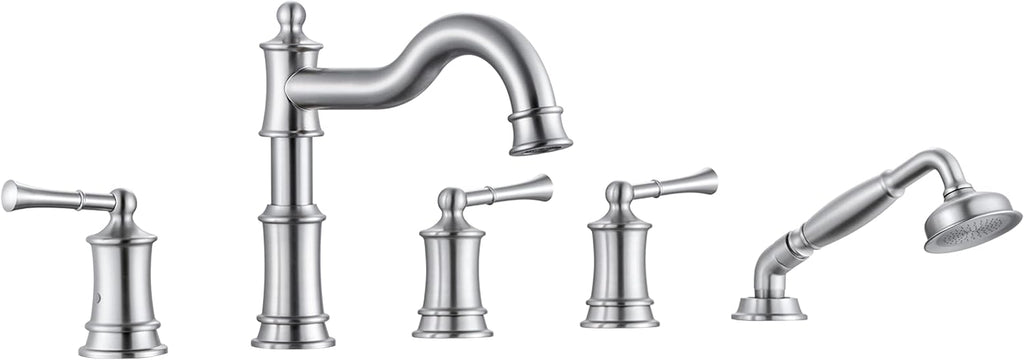 Roman Tub Faucet Set With Handheld Shower 5 Hole Deck Mount Tub Filler With Diverter, 3 Lever Handle Rough-in Valve and Water Supply Lines Included for Bathroom Tub, Brushed Nickel