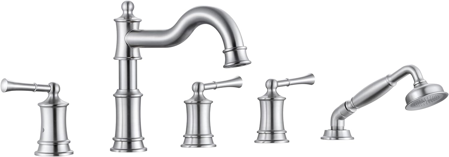 Roman Tub Faucet Set With Handheld Shower 5 Hole Deck Mount Tub Filler With Diverter, 3 Lever Handle Rough-in Valve and Water Supply Lines Included for Bathroom Tub, Brushed Nickel
