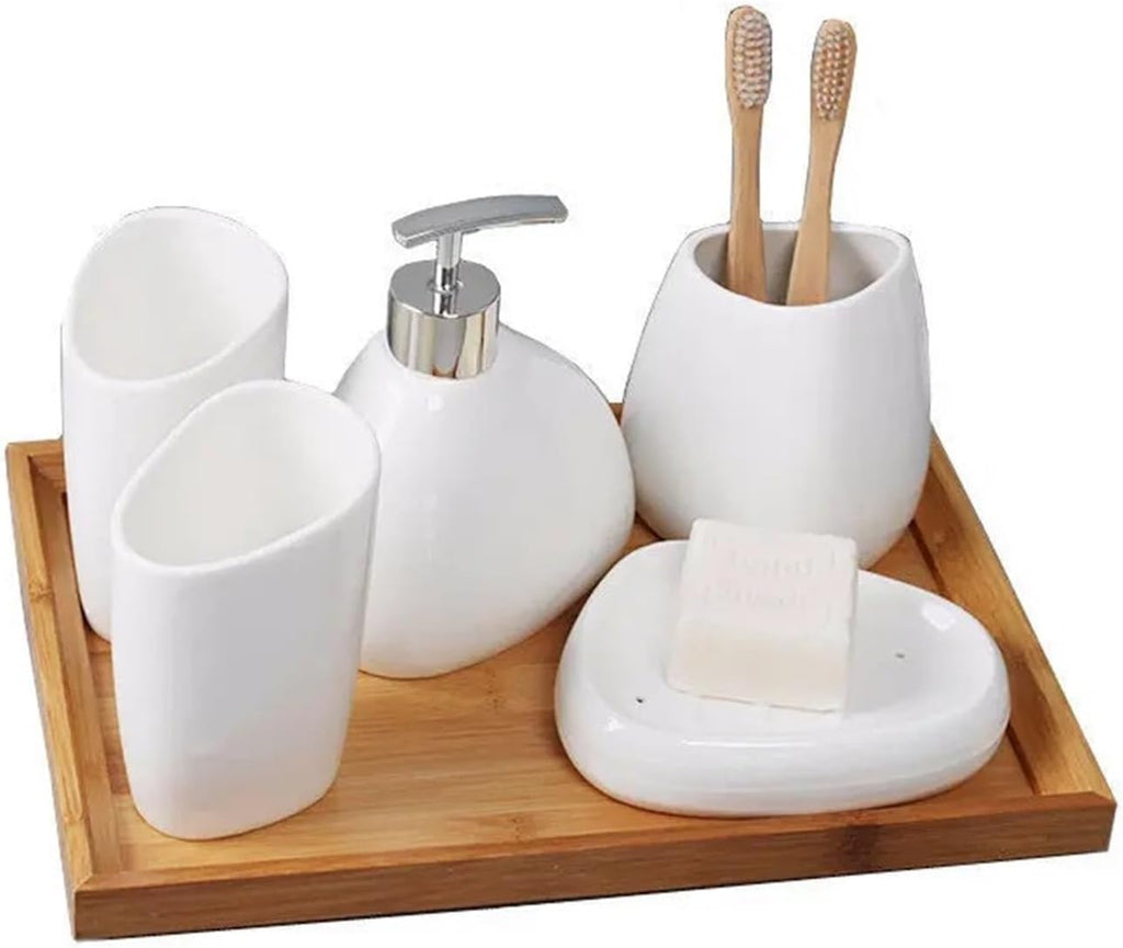 Bathroom Soap Dispenser Set Ceramic Bathroom Accessories Set Soap Dispenser Toothbrush Holder Toothbrush Cup Soap Box Tray Toilet Brush Bathroom Supplies(White)