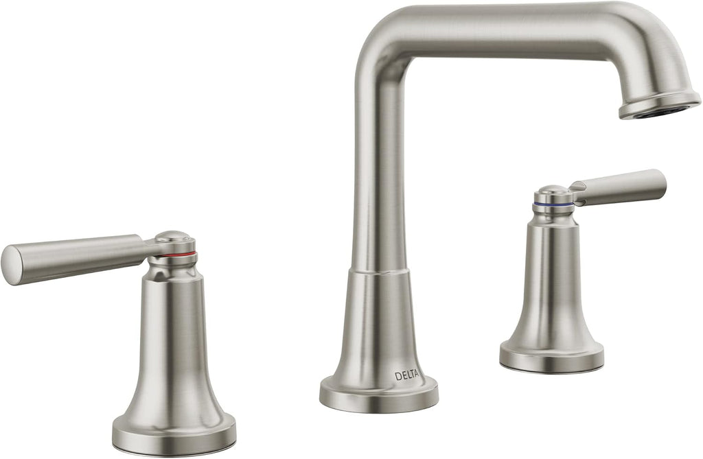 Delta Saylor Brushed Nickel Bathroom Faucet 3 Hole, 8 Inch Widespread Bathroom Sink Faucet for Vanity, Metal Push-Pop Drain Assembly, Stainless 3536-SSMPU-DST