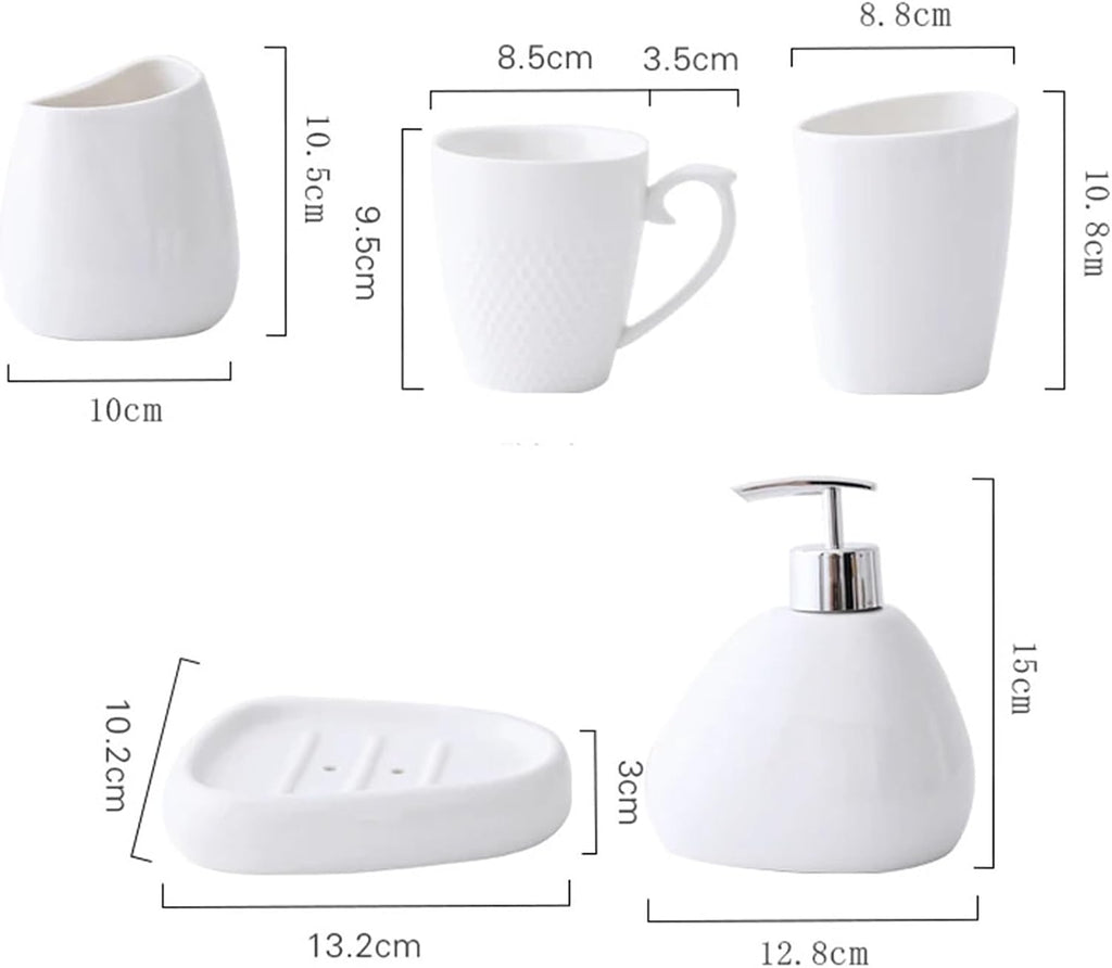 Bathroom Soap Dispenser Set Ceramic Bathroom Accessories Set Soap Dispenser Toothbrush Holder Toothbrush Cup Soap Box Tray Toilet Brush Bathroom Supplies(White)