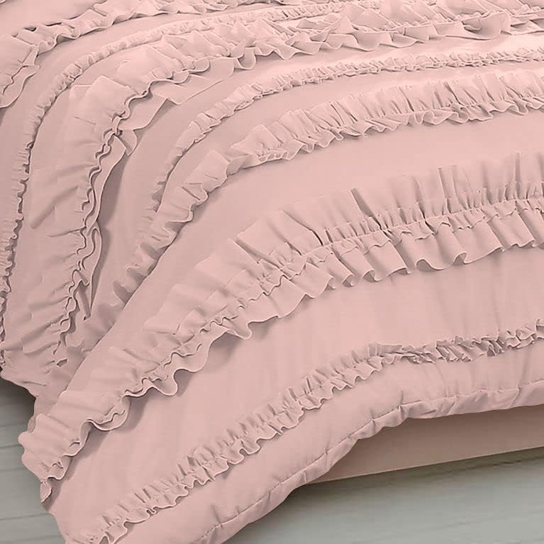 5 Piece Full Ruffles Layers Duvet Cover Set with Zipper Closure, 100% Egyptian Cotton, 1000 Thread Cotton - Full/Queen Size - Blush Solid
