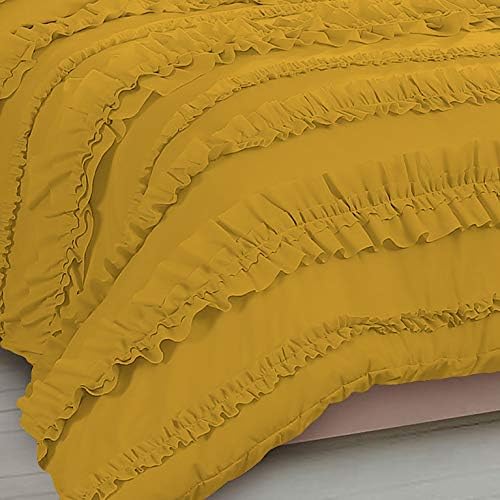 5 Piece Full Ruffles Layers Duvet Cover Set with Zipper Closure, 100% Egyptian Cotton, 1000 Thread Cotton - Full/Queen Size - Gold Solid